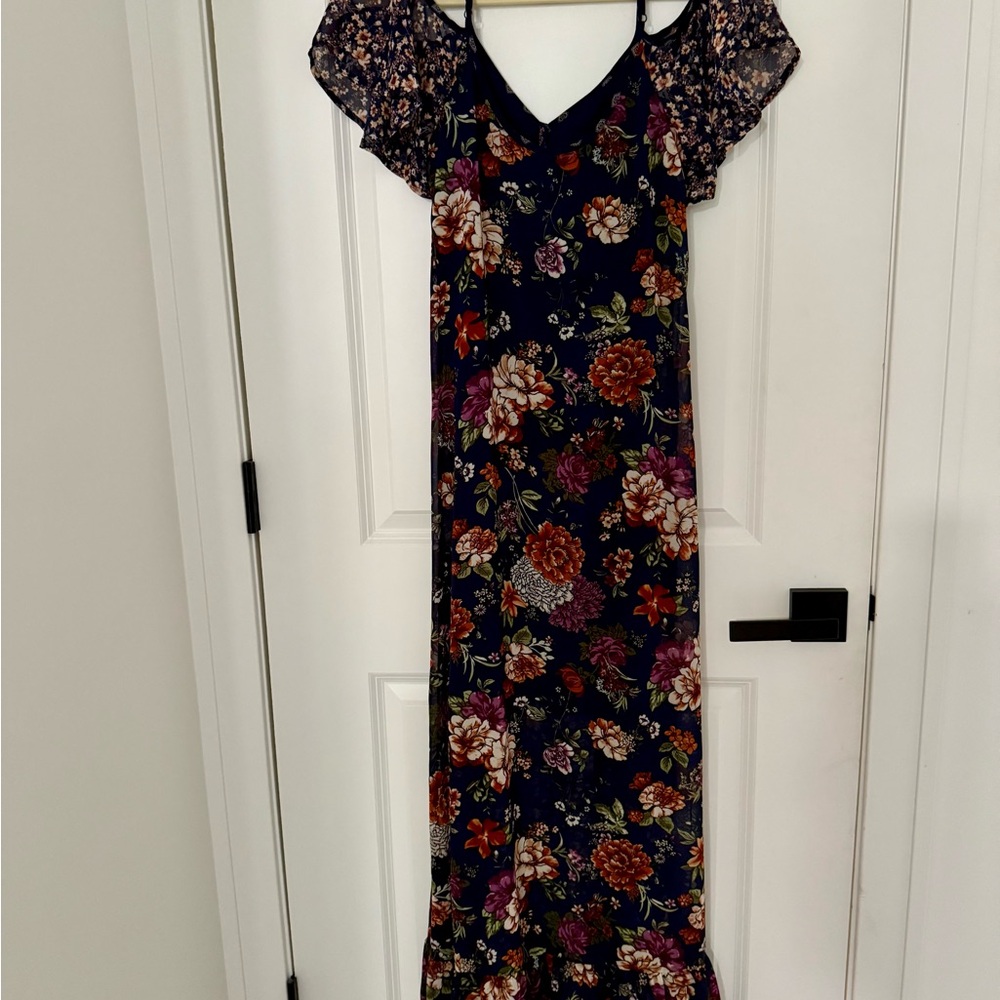 Xhilaration Pink and Red Flutter Sleeve Maxi Dress